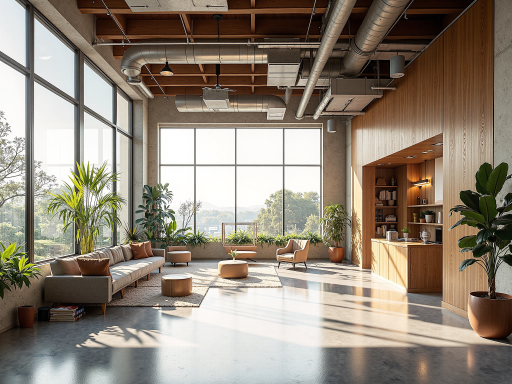 现代化办公室内部，宽敞明亮，木质家具，绿色植物装饰，专业团队工作场景，自然光线充足