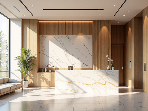 公司前台接待区域，现代化装修风格，木质前台，绿色植物装饰，专业接待人员，明亮温馨的工作环境