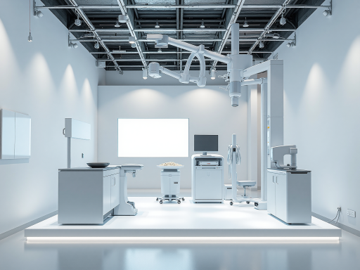 现代健康科技设备展示，白色背景，高科技医疗设备，专业人员操作，明亮灯光，科技感十足